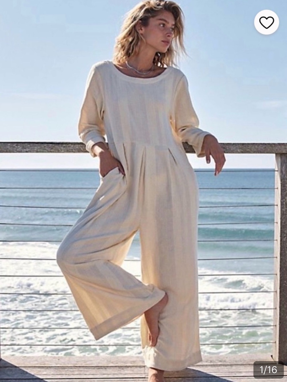 Free People Shiloh One-Piece Cream Long-Sleeve Wide-Leg Jumpsuit